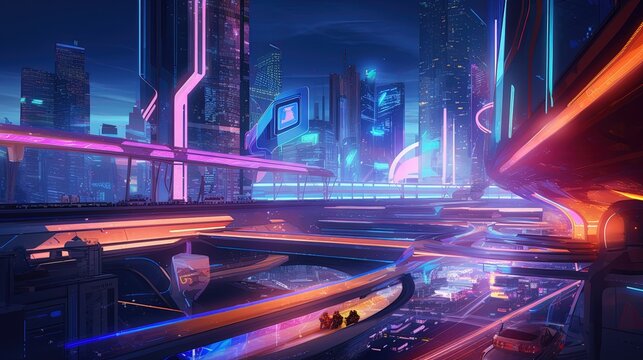 A sleek and modern futuristic neon cityscape with minimalist and clean-lined architecture generative ai