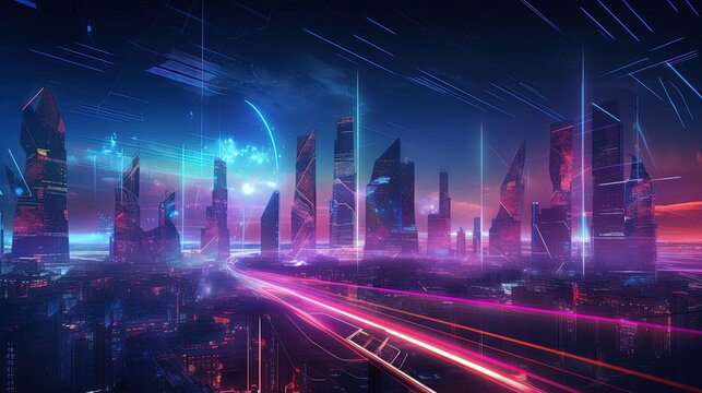 A sleek and modern futuristic neon cityscape with minimalist and clean-lined architecture generative ai