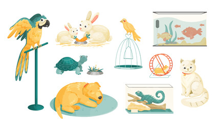 Pets and domestic animals set. Vector cartoon clip art.