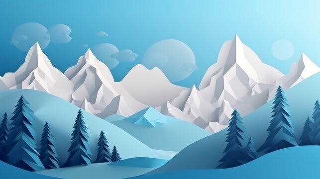 Mountains and blue sky papercut banner. AI generative.