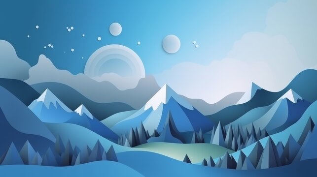Mountains and blue sky papercut banner. AI generative.