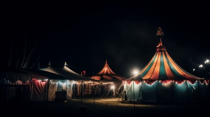 Night view of a circus tents and many lights lamps. AI generative.