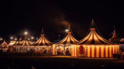Fototapeta na wymiar Night view of a circus tents and many lights lamps. AI generative.