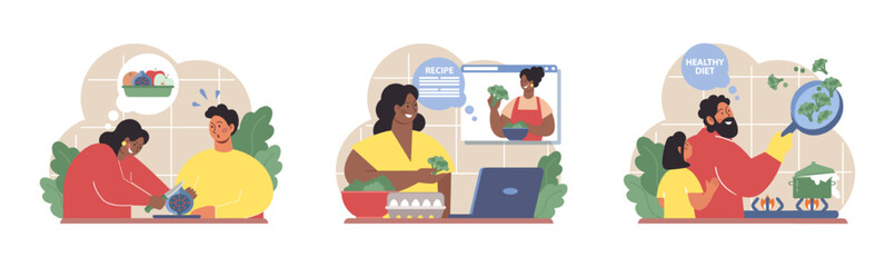 People cooking and eating healthy food set. Family following diet recipes