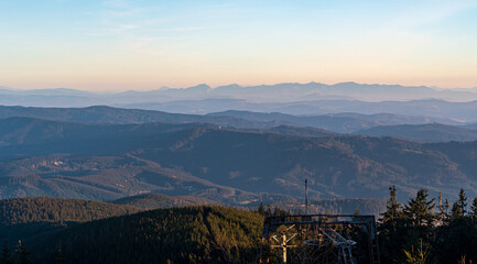 View to Mala Fatra mountains from Lysa hora hill in Moravskoslezske Beskydy mountains druring sunset