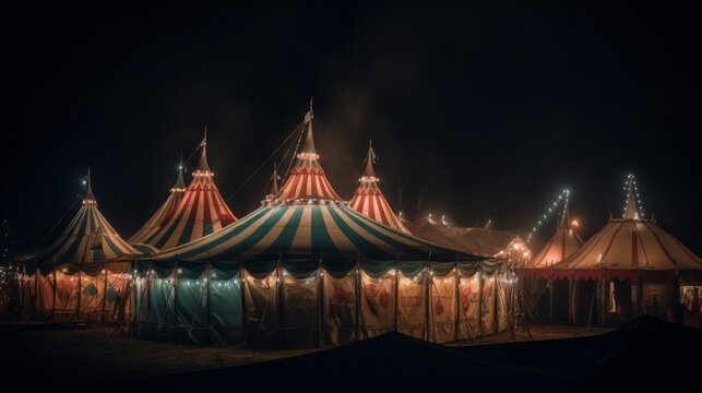 Night view of a circus tents and many lights lamps. AI generative.