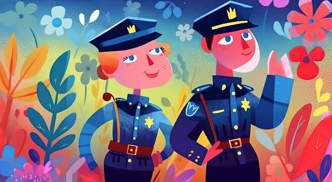 children book style illustration of two policeman in garden with flower spring blossom, Generative Ai