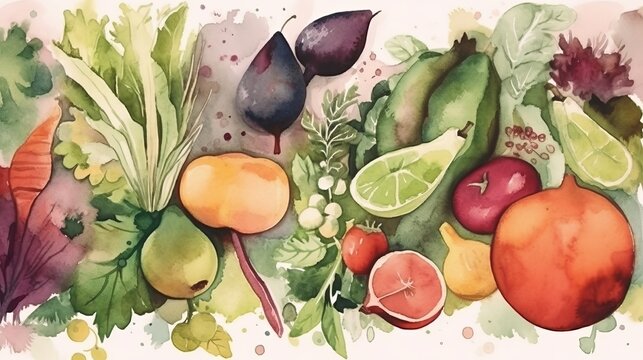Organic fruits and vegetables growing. Watercolor style. AI generative.
