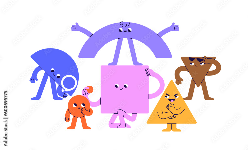 Poster cute geometric shapes team. geometry figures with faces. funny childish characters, humanoid element