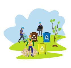 Waste segregation. People Sorting garbage by material and type in colored trash cans. Separating and recycling garbage vector infographic. sustainability environment .	