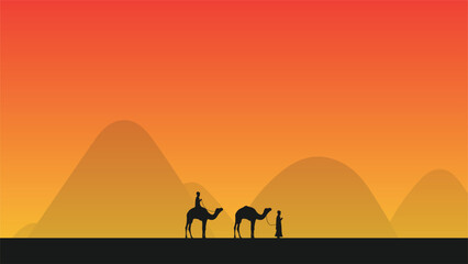 Fototapeta na wymiar illustration of people going through the desert on a camel in silhouette design