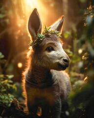 Naklejka premium Illustration of a cute baby donkey in the woods. Created with Generative AI technology.