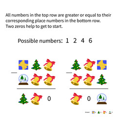 Find a value of each Christmas symbols in mathematics logic equal for children. Arithmetic and numbers.