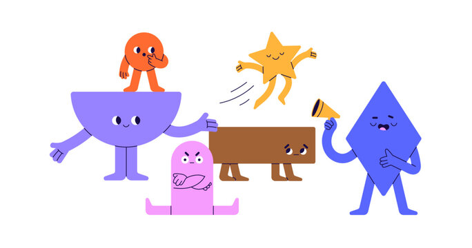 Cute geometric shapes community, company with leader. Team communication, relationship, psychology concept. Funny geometry figures. Flat graphic vector illustration isolated on white background