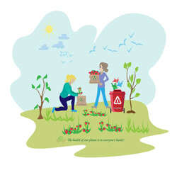 People sort garbage by type into containers for recycling. Ecology concept. Flat vector illustration. Care garbage separation people sorting garbage, eco containers, separate waste for taking care .