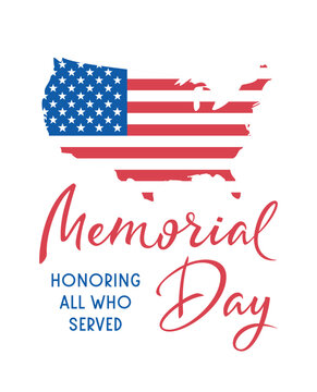 Memorial Day Text Banner with USA Flag in map shape. Remember and Honor. American national holiday. Hand drawn lettering typography design. United States Armed Forces. Horizontal Vector poster