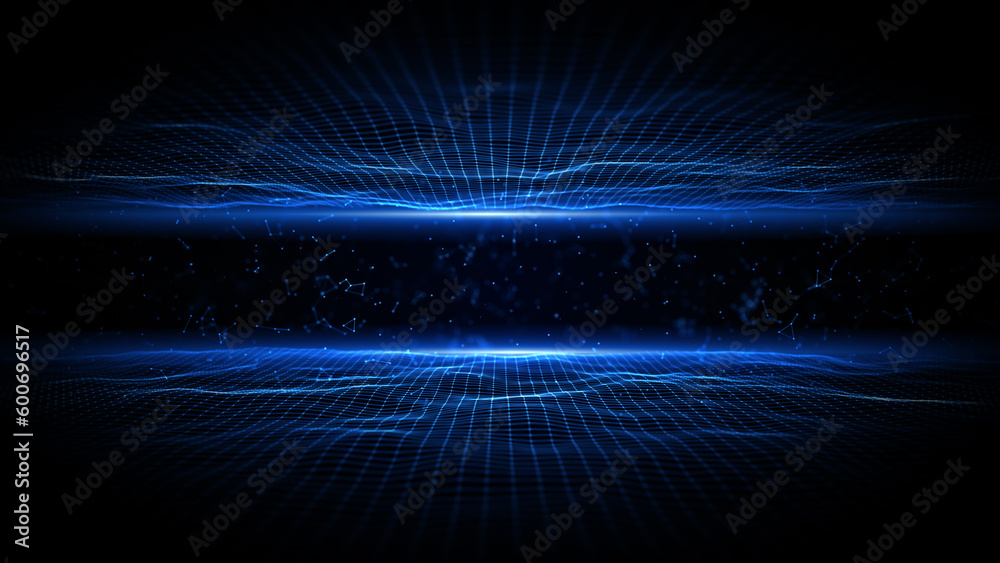 Wall mural Abstract blue dot and line connection, Technology abstract background, Digital cyberspace background 3d Rendering