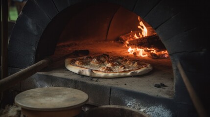 Pizza in a traditional pizza oven. Cooking pizza. AI generative.