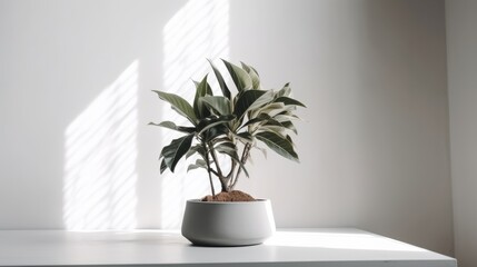Plant in flowerpot on white table. AI generative.
