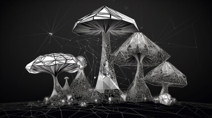 Psychedelic decorative mushroom black and white colors in polygonal style. AI generative.