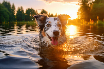 border collie dog  in a water, lake. Ai generative - obrazy, fototapety, plakaty