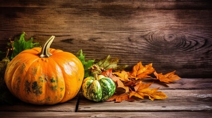 Pumpkin on wooden background thanksgiving art. AI generative.