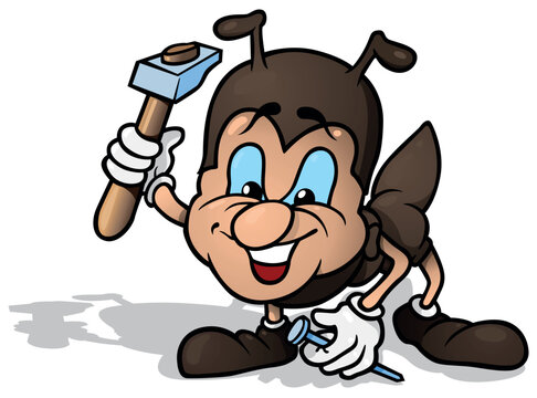 Brown Smiling Ant with Hammer and Nail in his Hands
