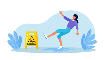 Slip Wet Floor. Inconsiderate Woman in Casual Clothes Slips in Puddle and Downfall. Injured Character Stumbling and Falling near Yellow Caution Danger Sign