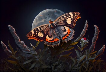Fototapeta na wymiar a painting of a butterfly on a plant with a full moon in the background. generative ai , .highly detailed, cinematic shot photo taken by sony incredibly detailed, sharpen details highly realis
