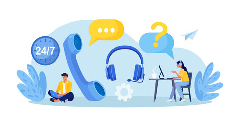 Customer Service Agent with Headsets Talking with Client. Technical Global Support, Assistance, Call Center. Contact Us. Hotline. Satisfaction and Loyalty. Customers care