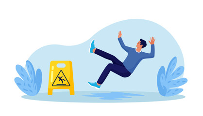 Slip Wet Floor. Inconsiderate Man in Casual Clothes Slips in Puddle and Downfall. Injured Character Stumbling and Falling near Yellow Caution Danger Sign - obrazy, fototapety, plakaty