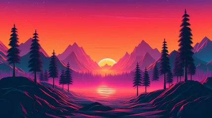 Fotobehang Retro synthwave landscape with bold colors. AI generative. © vadymstock