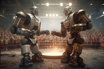 Fototapeta premium Two fighting robots square off against each other in a ring, created using generative AI.