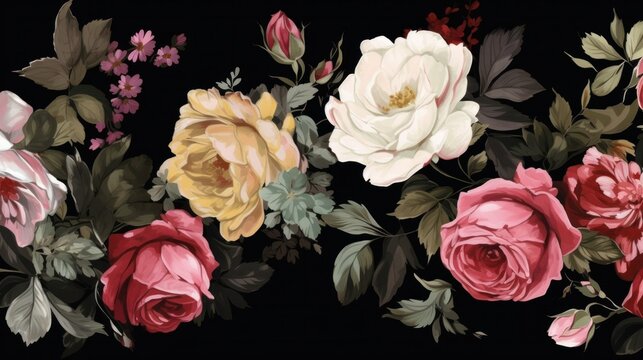 Roses floral seamless pattern on black background watercolor style. AI generative.