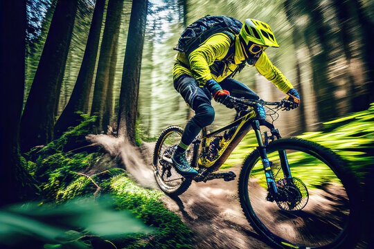 Mountain biker riding bike in downhill competition in forest (Generative AI)