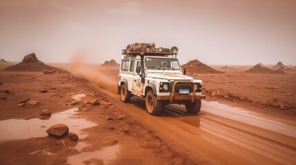 A rugged four-wheel-drive vehicle powers through challenging terrain, carrying humanitarian aid and supplies to those in crisis. AI-Generated