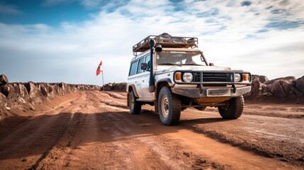 Fototapeta na wymiar A rugged four-wheel-drive vehicle powers through challenging terrain, carrying humanitarian aid and supplies to those in crisis. AI-Generated
