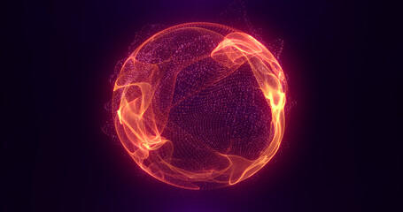 Abstract orange fire energy sphere of particles and waves of magical glowing on a dark background