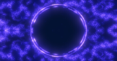 Abstract background of an energetic blue magic ring of glowing particles and a wave of energy