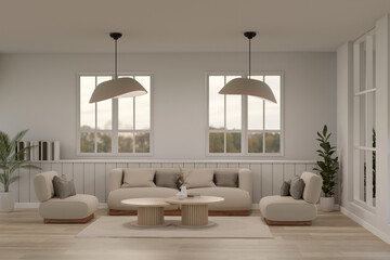 Interior design of a cozy Scandinavian living room with comfortable beige couch