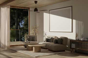 Minimal Scandinavian living room with couch, coffee table, ceiling fan, frame mockup on wall
