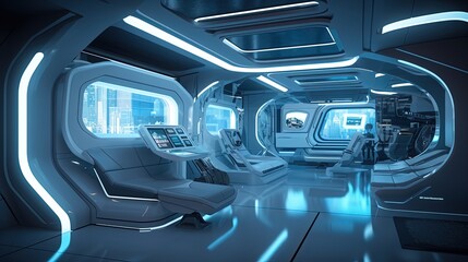 Fototapeta premium futuristic theme architecture design concept, spaceship bridge room or transportation cabin with bright light, background backdrop, Generative Ai
