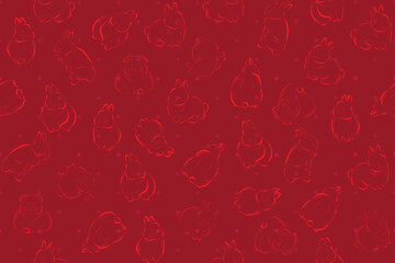 Illustration pattern red line of rabbits group with dot on deep red background.