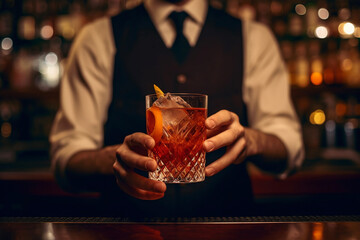 A bartender holding a Negroni Sbagliato cocktail in front of a bar counter AI generation - obrazy, fototapety, plakaty