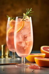 A pink Pink Grapefruit Spritz cocktail with a sprig of rosemary on the rim AI generation