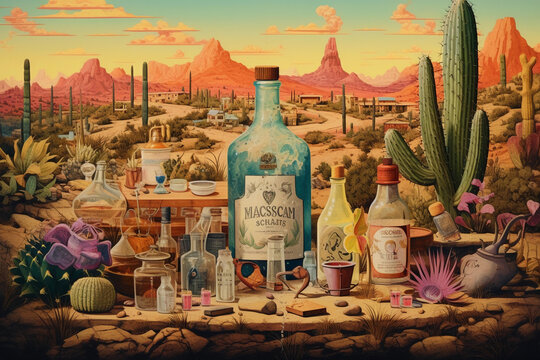 A painting of a bottle of mascaria in the desert. AI generation