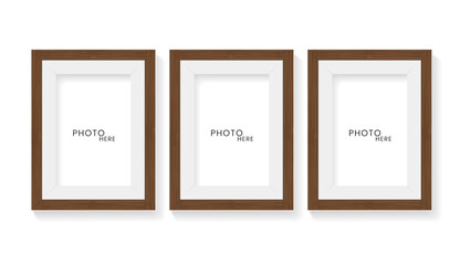 Three Wooden rectangle picture frames on isolated white surface wall vector illustration