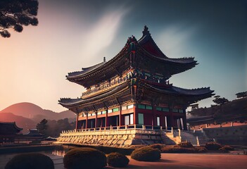 Gyeongbok Palace, a landmark in Seoul, South Korea, known for its traditional Korean wooden architecture and historical significance as the main royal palace during the Joseon Dynasty. , .highly detai