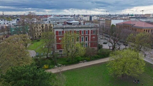 Drone shot of The State Chancellery and Ministry of Culture of the State of Saxony-Anhalt (Staatskanzlei und Ministerium f&uuml;r Kultur des Landes Sachsen-Anhalt ) or ( Palais am F&uuml;rstenwall )