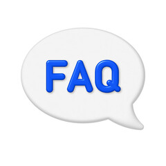 Speech bubble 3D Icon. Blue 3d faq letters on white bubble background. png illustration.